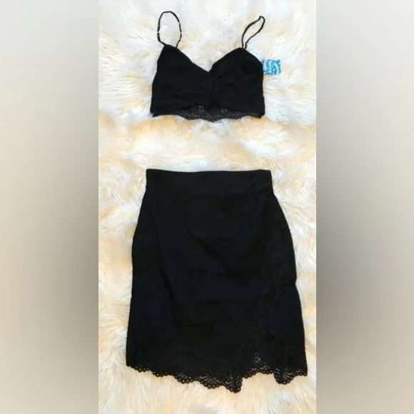 Free People Black Lace Va Va Voom 2pc Crop Top Skirt Set - Picture 3 of 8